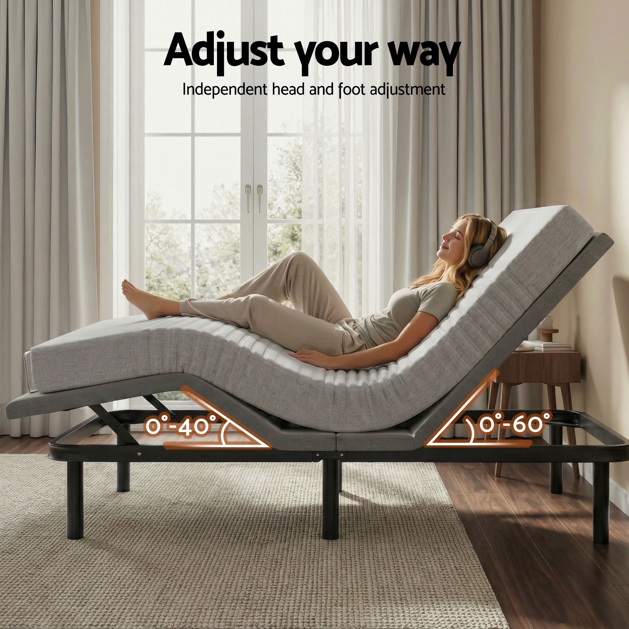Double Bed Frame and Giselle Bedding Double Memory Foam Mattress Set, Electric Bed Base with Zero Gravity & 7 Zone Cooling Comfort for Back Pain Relief, Black & Grey,15cm Thickness