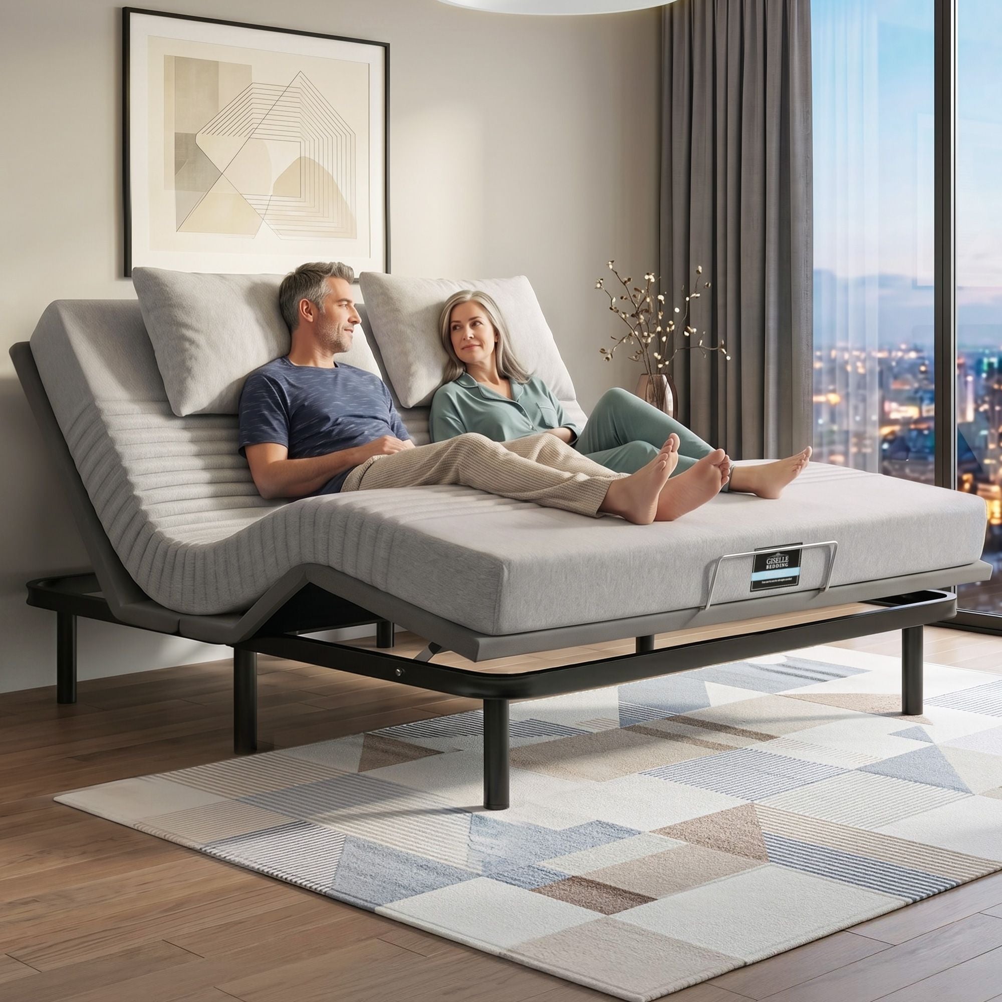 King Bed Frame and Giselle Bedding King Memory Foam Mattress Set, Electric Bed Base with Zero Gravity & 7 Zone Cooling Comfort for Back Pain Relief, Black & Grey, 15cm Thickness
