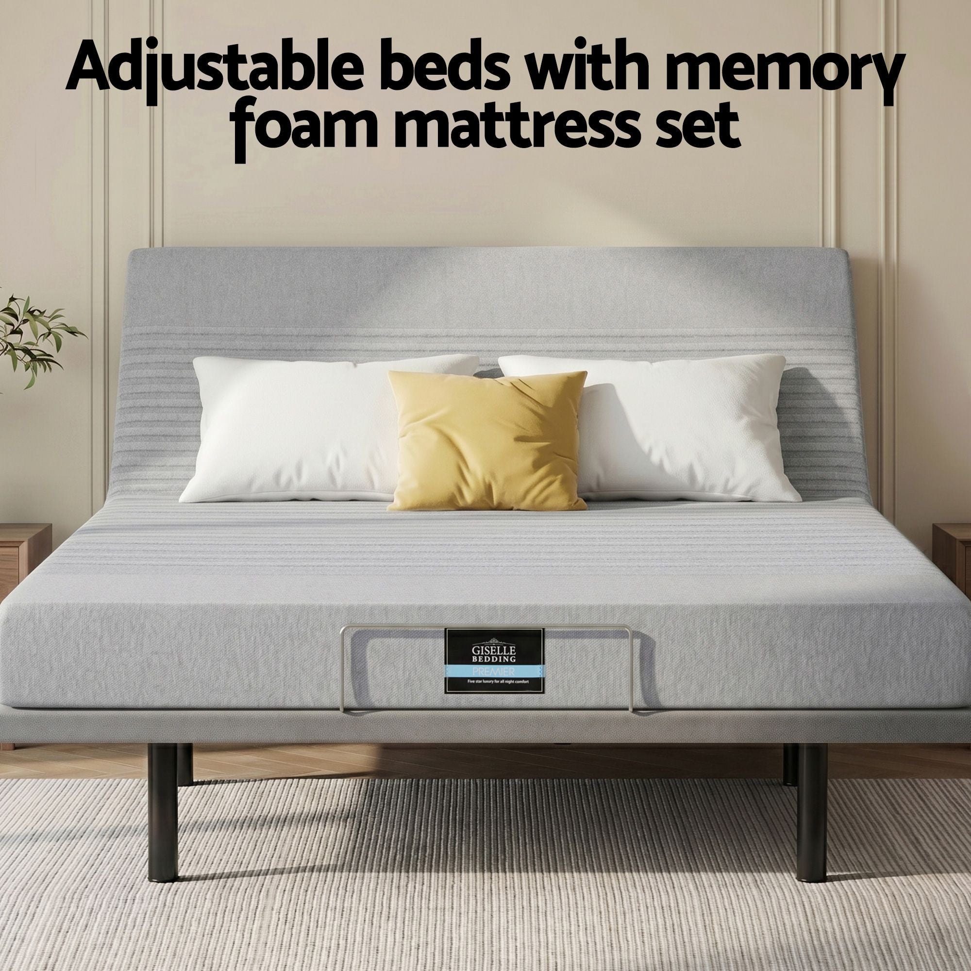 Queen Bed Frame and Giselle Bedding Queen Memory Foam Mattress Set, Electric Bed Base with Zero Gravity & 7 Zone Cooling Comfort for Back Pain Relief, Black & Grey, 15cm Thickness