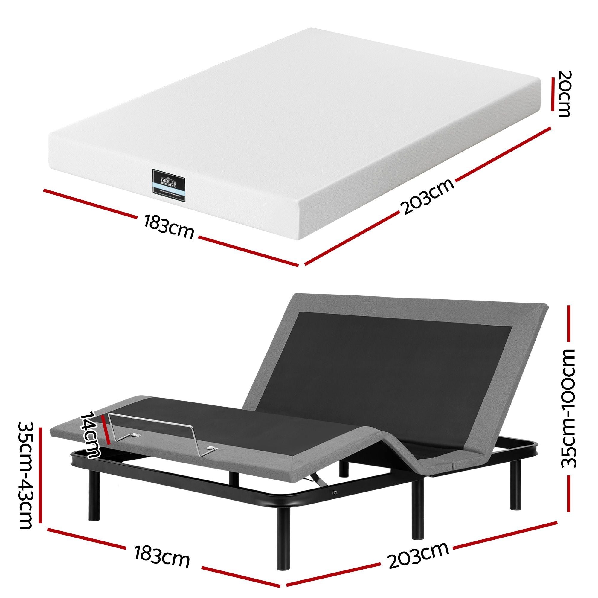 King size bed frame & Giselle Bedding King Mattress Combo, adjustable bed Base for Snoring Relief, Independent Head Foot Incline, Wireless Remote, Black,20cm Thickness