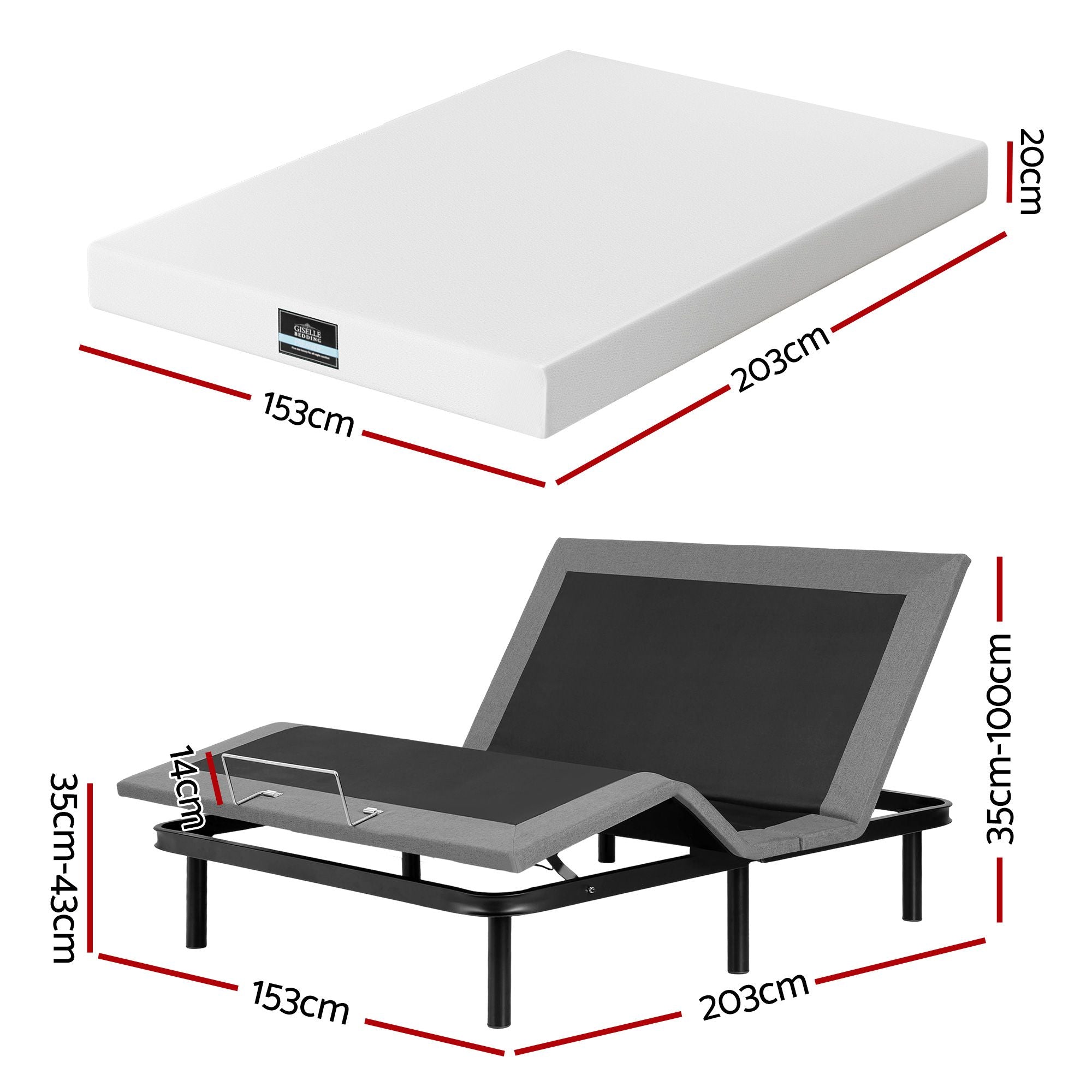 Queen size bed frame & Giselle Bedding Mattress Queen Combo, adjustable bed Base for Snoring Relief, Independent Head Foot Incline, Wireless Remote, Black,20cm Thickness