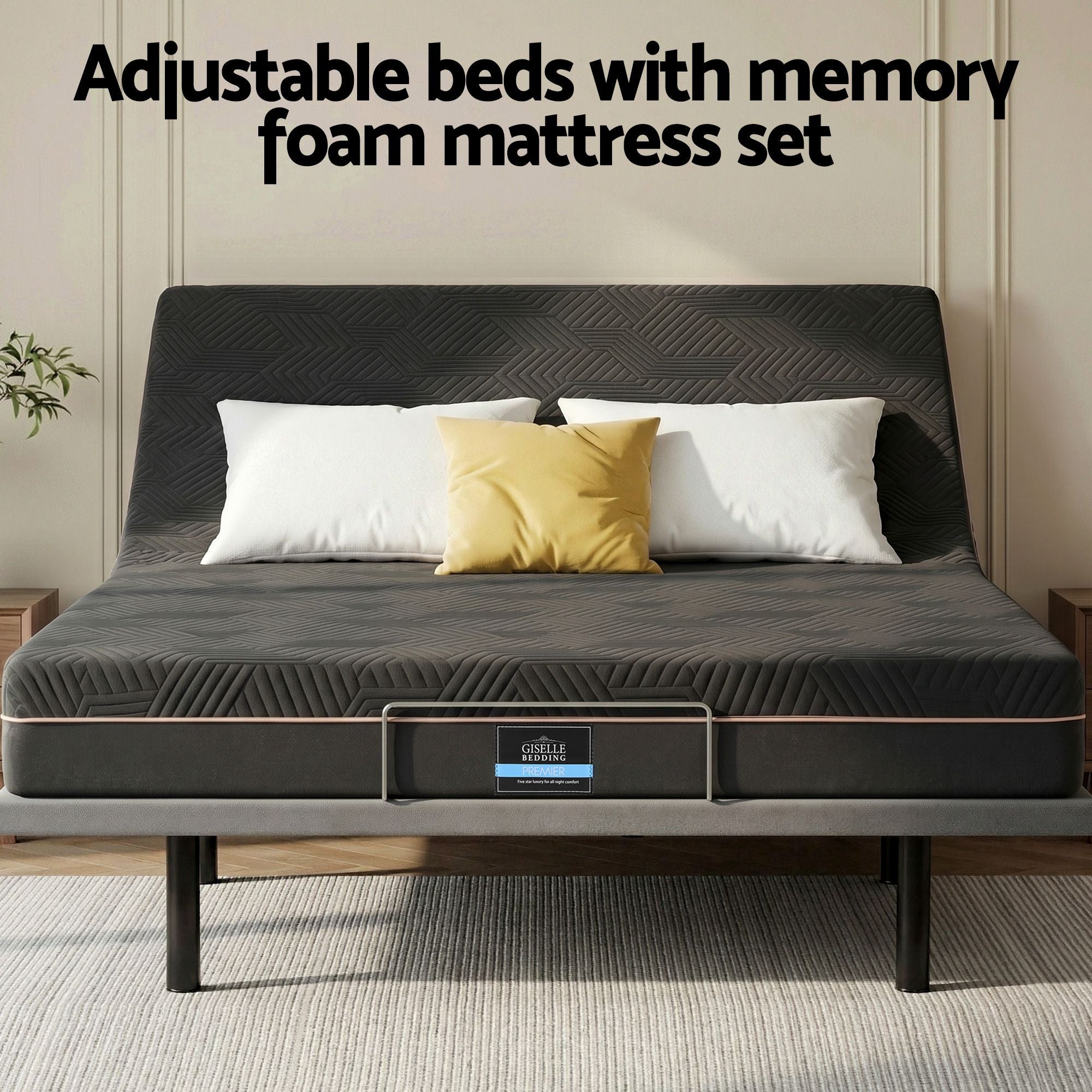 Double size bed frame with Giselle Bedding Double Mattress, adjustable bed Base Combo for Snoring Relief, Independent Head Foot Incline, Wireless Remote, Black,18cm Thickness