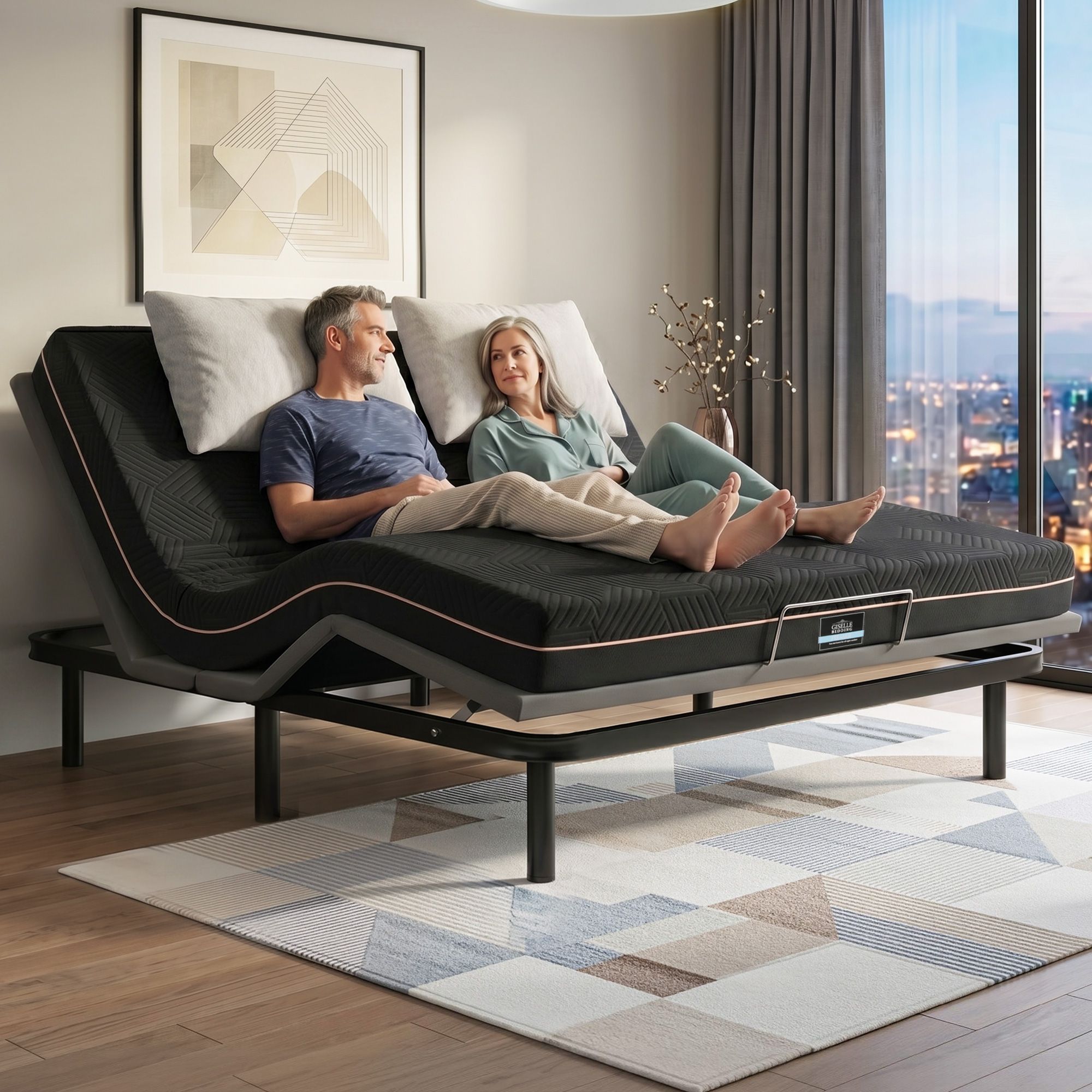 King size bed frame with Giselle Bedding King Mattress, adjustable bed Base Combo for Snoring Relief, Independent Head Foot Incline, Wireless Remote, Black,18cm Thickness