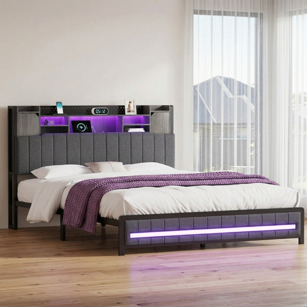 King Package | Elmore LED Bed Frame Grey & Serenity Euro Top Mattress (Medium Firm)