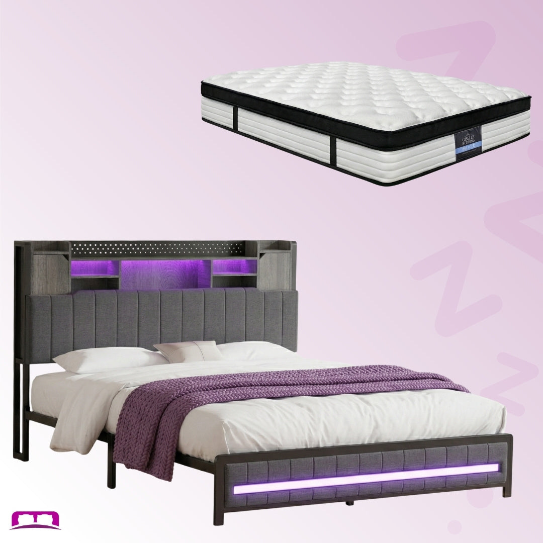King Package | Elmore LED Bed Frame Grey & Serenity Euro Top Mattress (Medium Firm)
