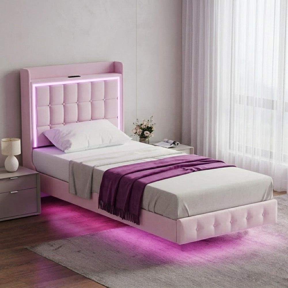 Single Package | Evangeline Floating LED Bed Pink & Glay Bonnell Spring Mattress (Medium Firm)