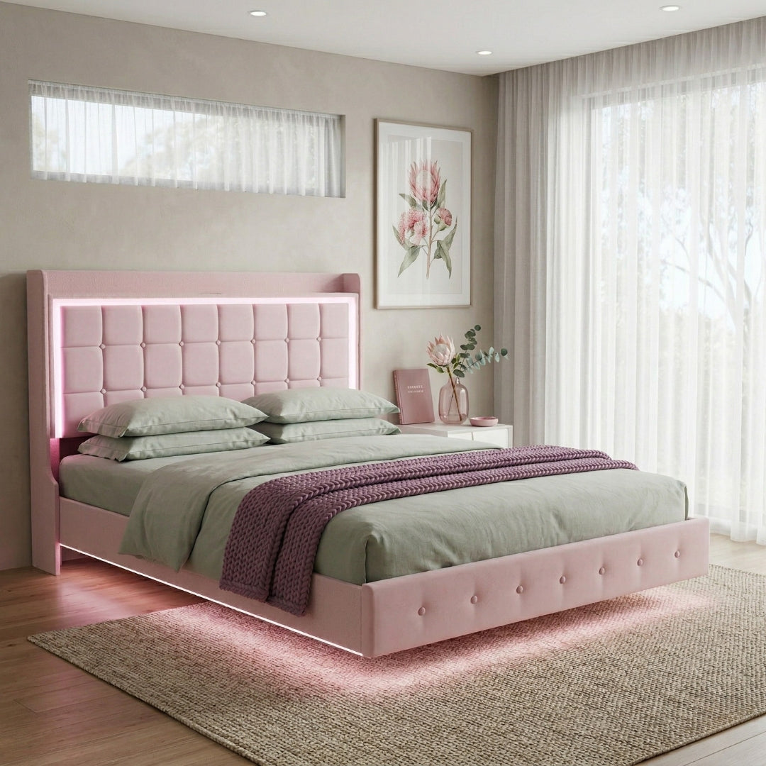 Evangeline Double Floating LED Bed Frame - Pink
