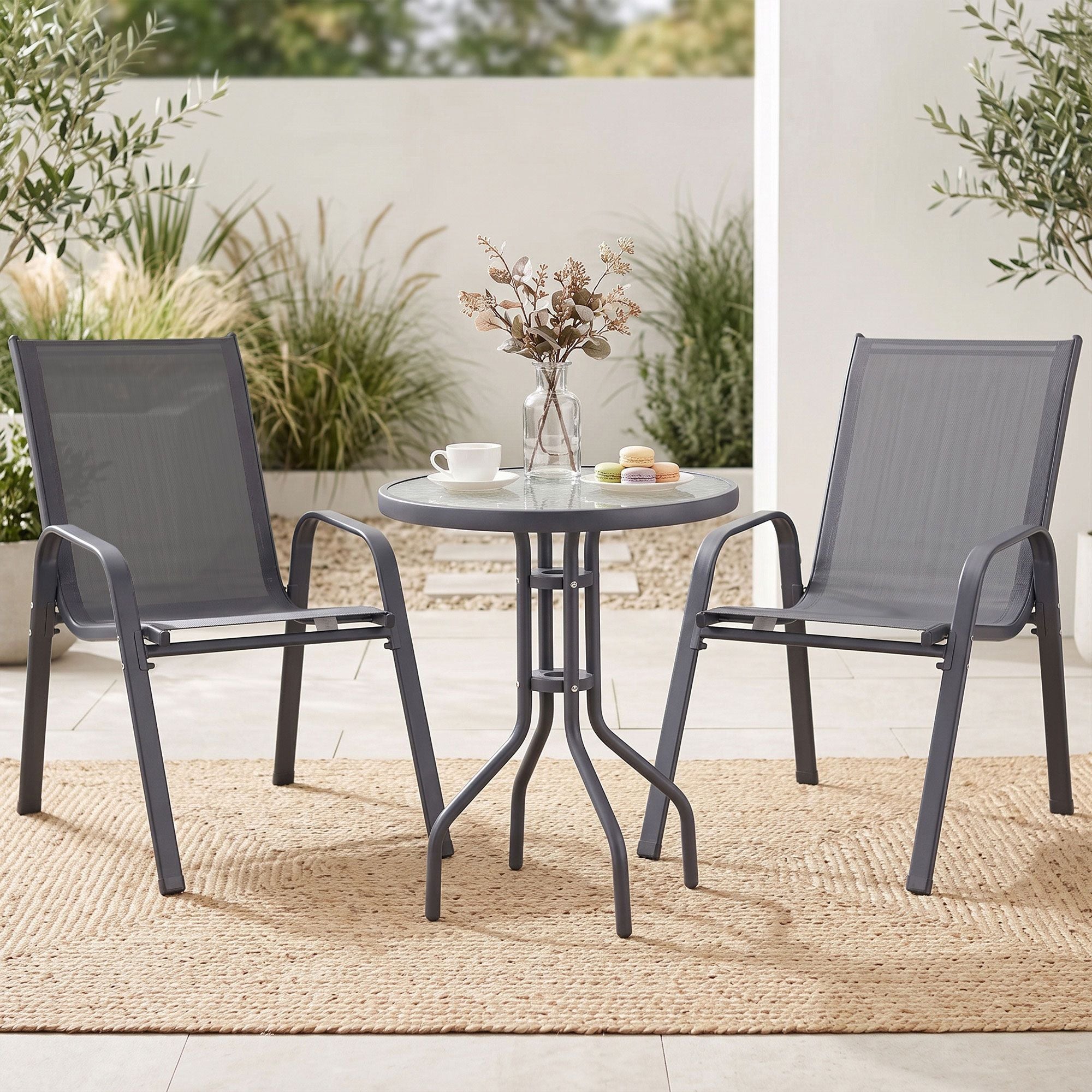 3PC Outdoor Bistro Set Table and Chairs Stackable Patio Furniture Grey