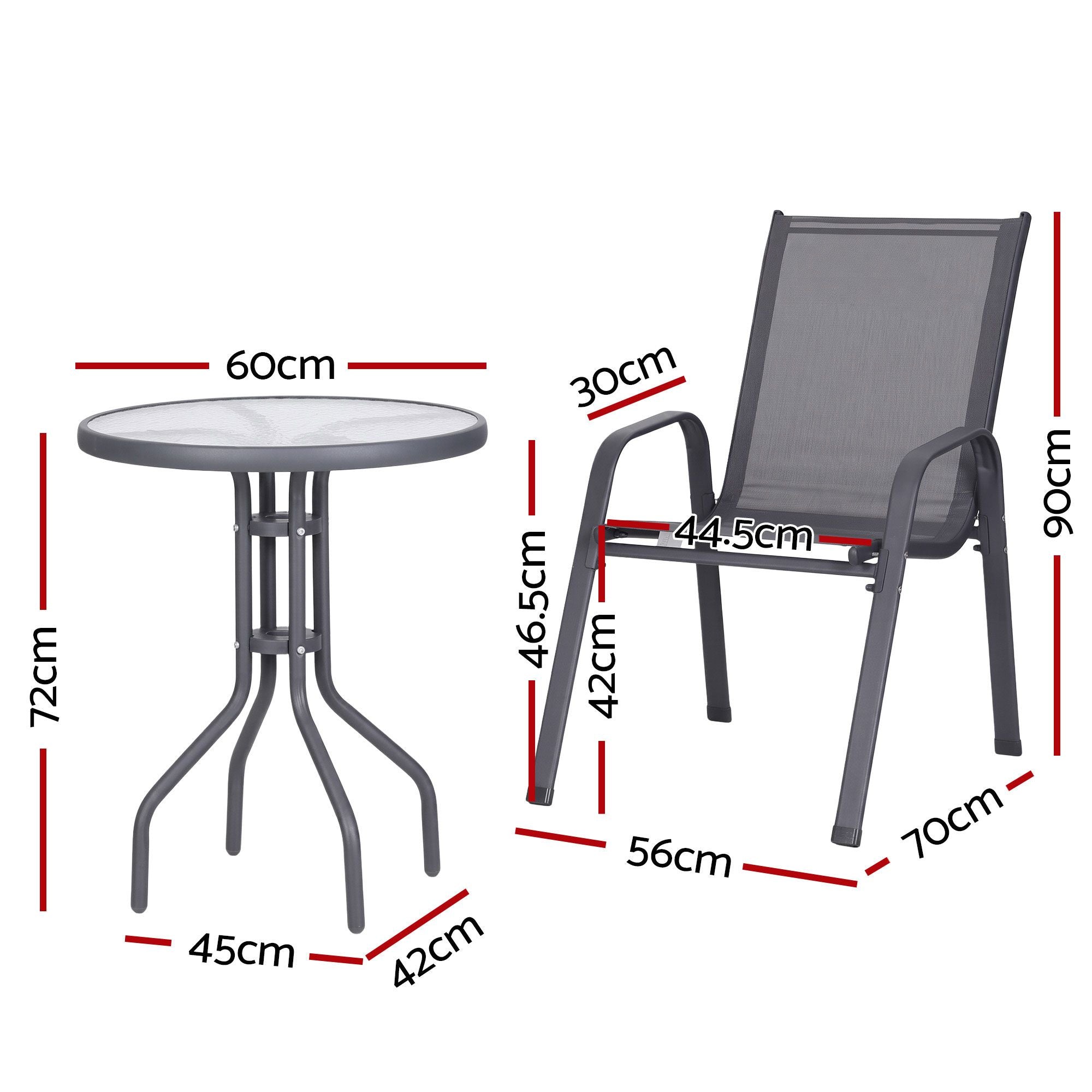 3PC Outdoor Bistro Set Table and Chairs Stackable Patio Furniture Grey