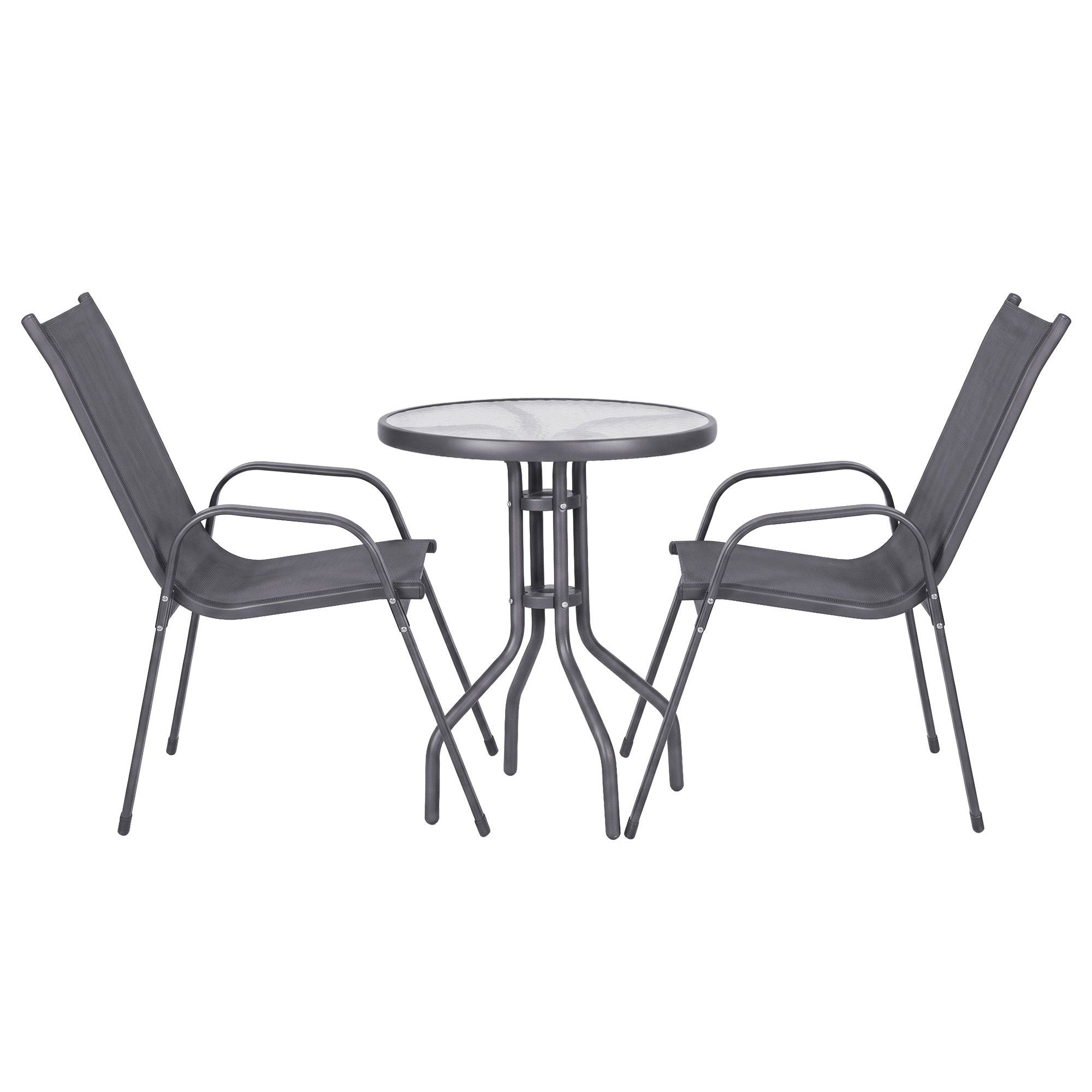 3PC Outdoor Bistro Set Table and Chairs Stackable Patio Furniture Grey