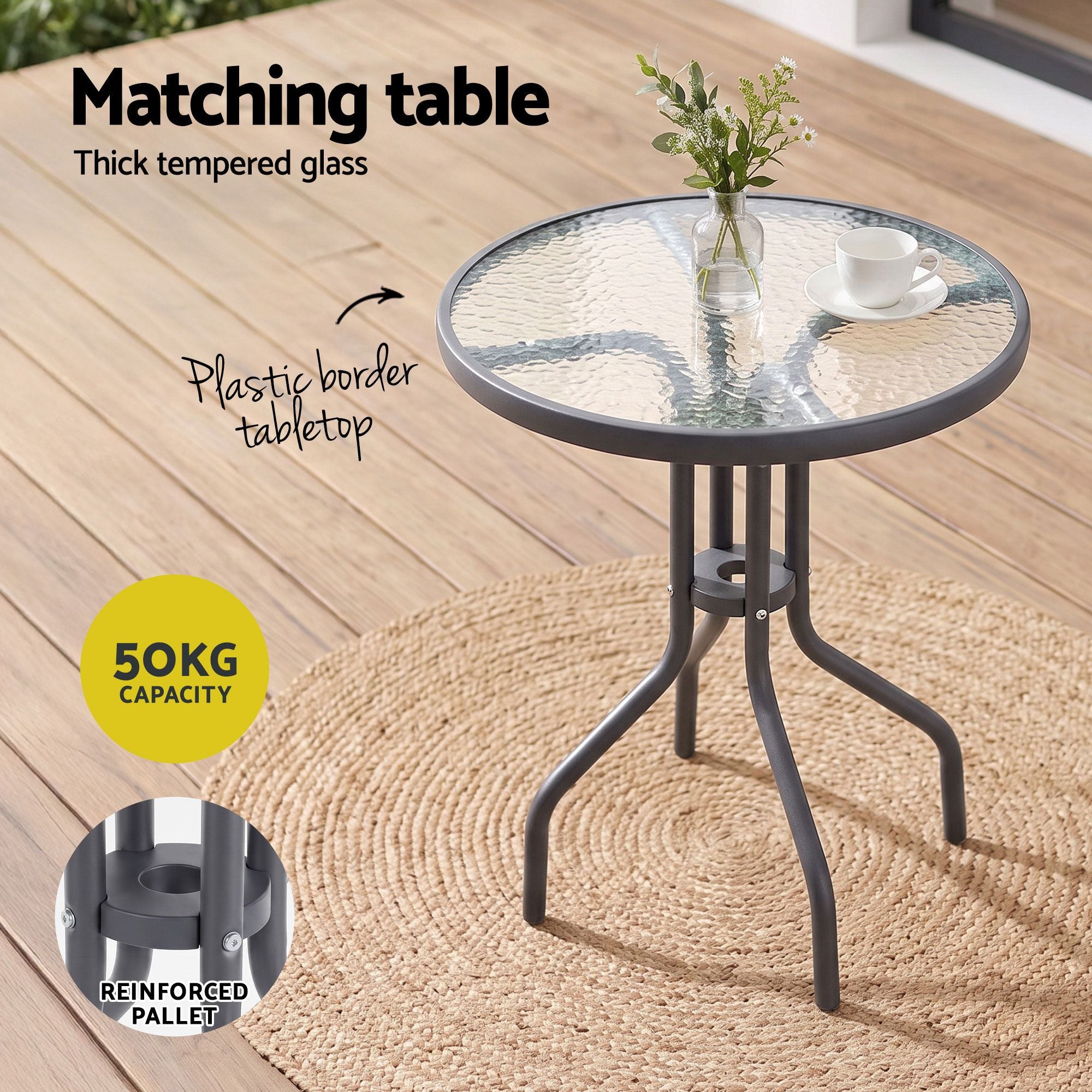 3PC Outdoor Bistro Set Table and Chairs Stackable Patio Furniture Grey