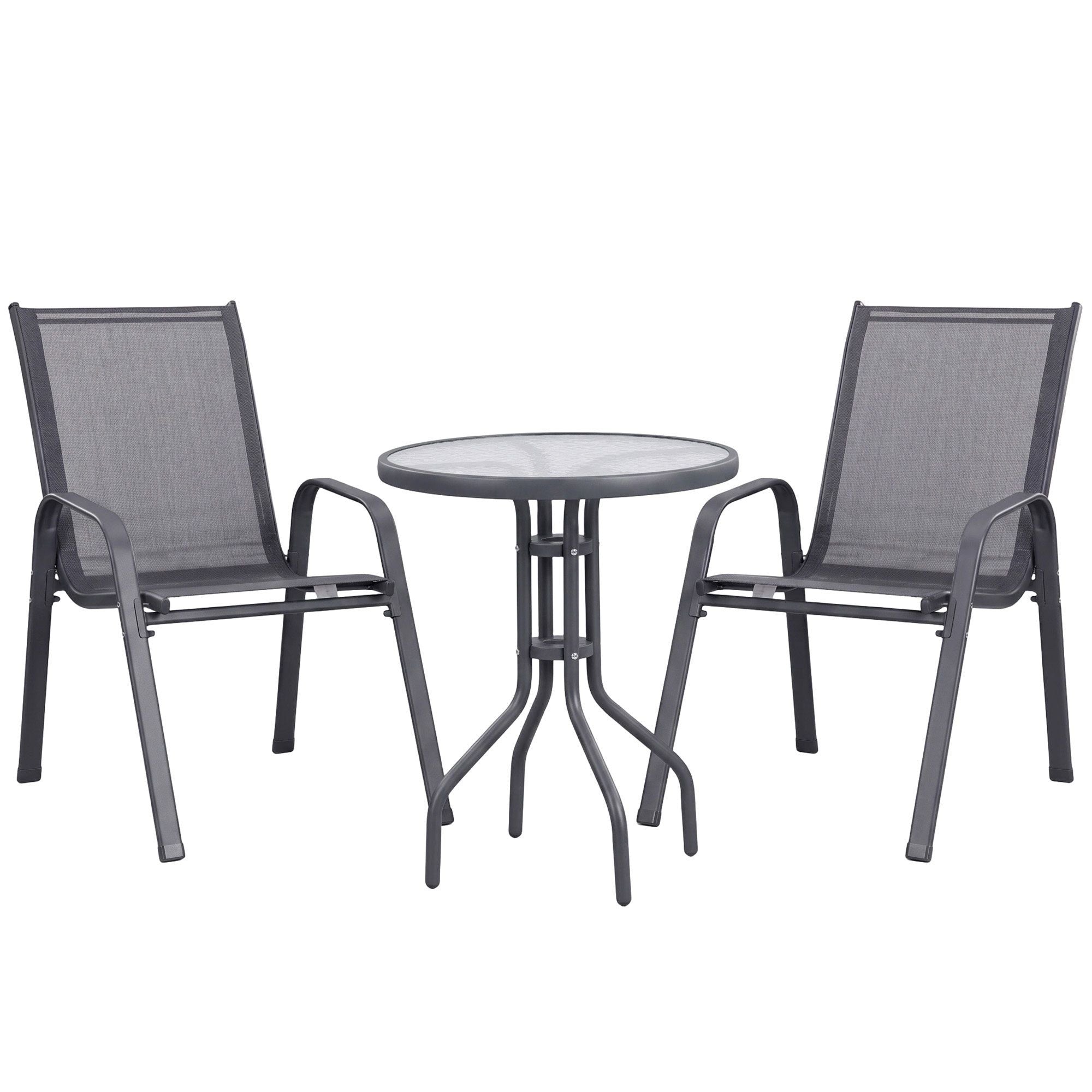 3PC Outdoor Bistro Set Table and Chairs Stackable Patio Furniture Grey