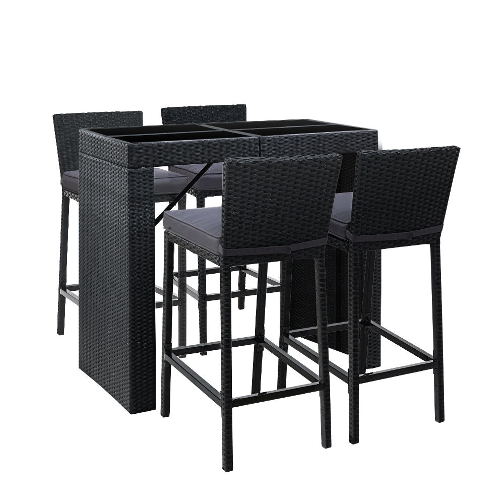 5-Piece Outdoor Bar Set Dining Table Stools Wicker Patio Setting with black woven design and gray cushions on white background