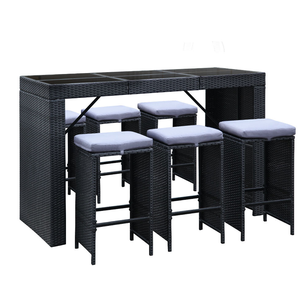 7-Piece Outdoor Bar Set Dining Table Stools Wicker Patio Setting with black wicker finish and gray cushioned seats on white background