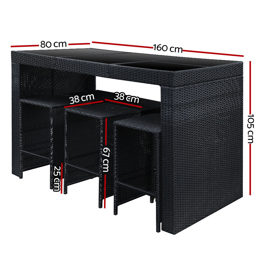 7-Piece Outdoor Bar Set Dining Table Stools Wicker Patio Setting with black woven rattan and compact stools shown with measurements