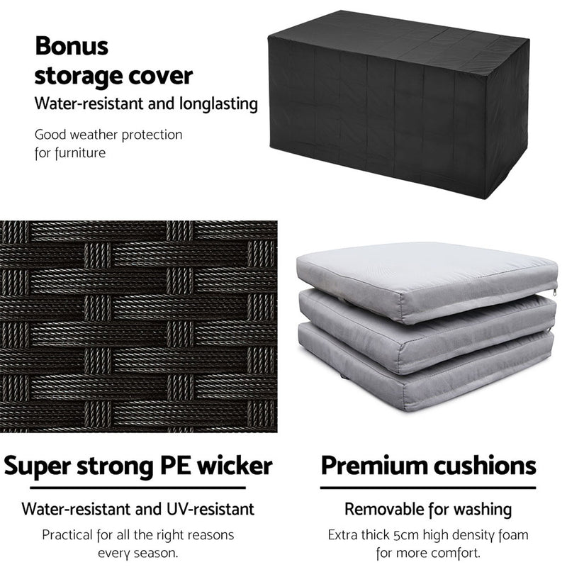Bonus storage cover, black water-resistant fabric, close-up of black PE wicker texture, and stack of gray removable cushions for 7-Piece Outdoor Bar Set Dining Table Stools Wicker Patio Setting