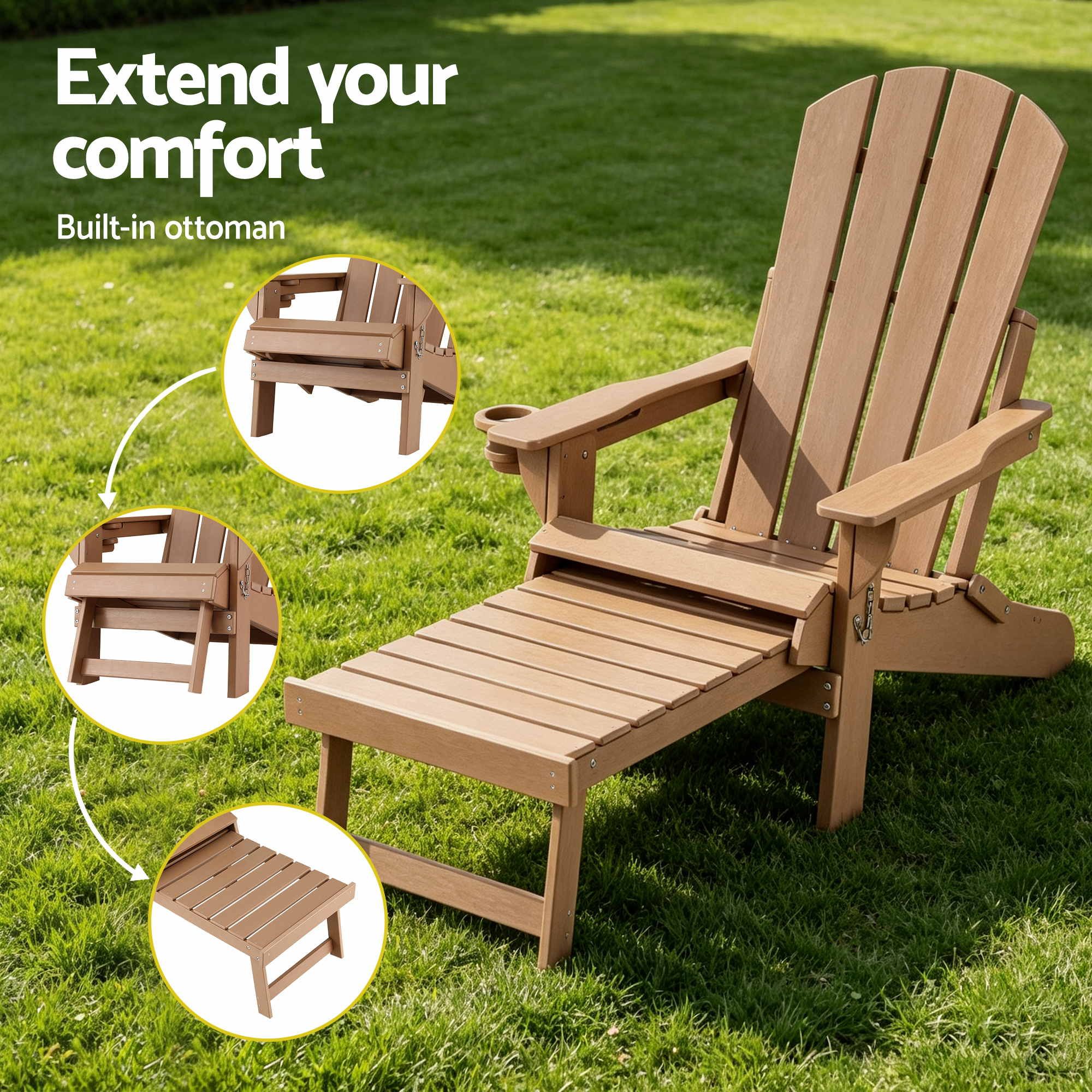 Folding Adirondack Sun Lounger with Recliner and Footrest - Khaki