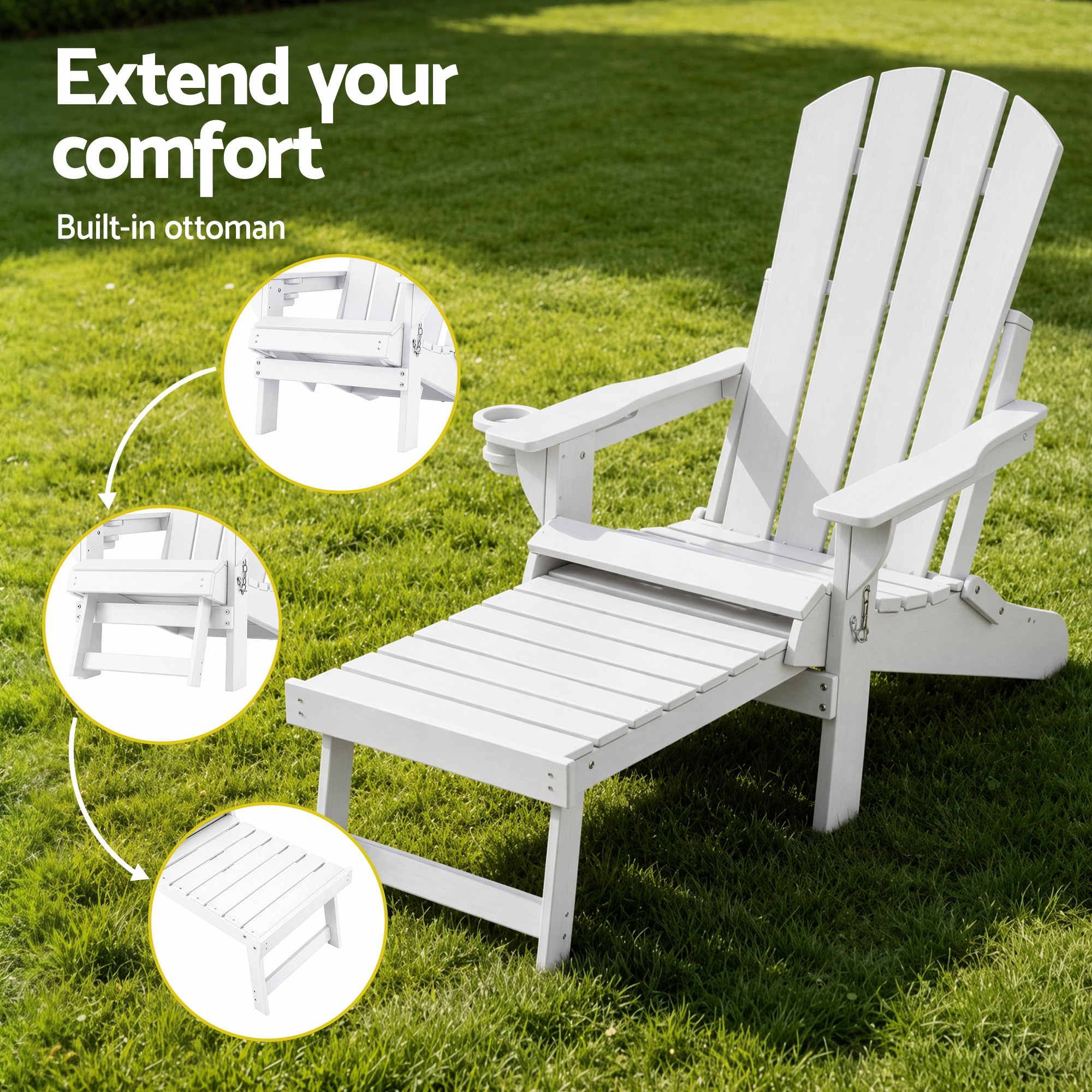 Folding Adirondack Sun Lounger with Recliner and Footrest - White