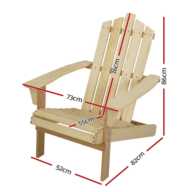 Adirondack Outdoor Chairs Wooden Beach Chair Patio Furniture Garden Natural with detailed dimensions on white background