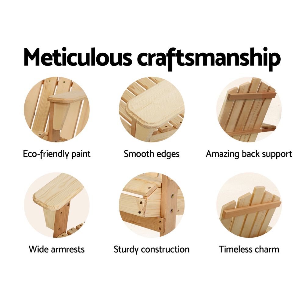 Craftsmanship details of Adirondack Outdoor Chairs Wooden Beach Chair Patio Furniture Garden Natural showing smooth edges and sturdy construction