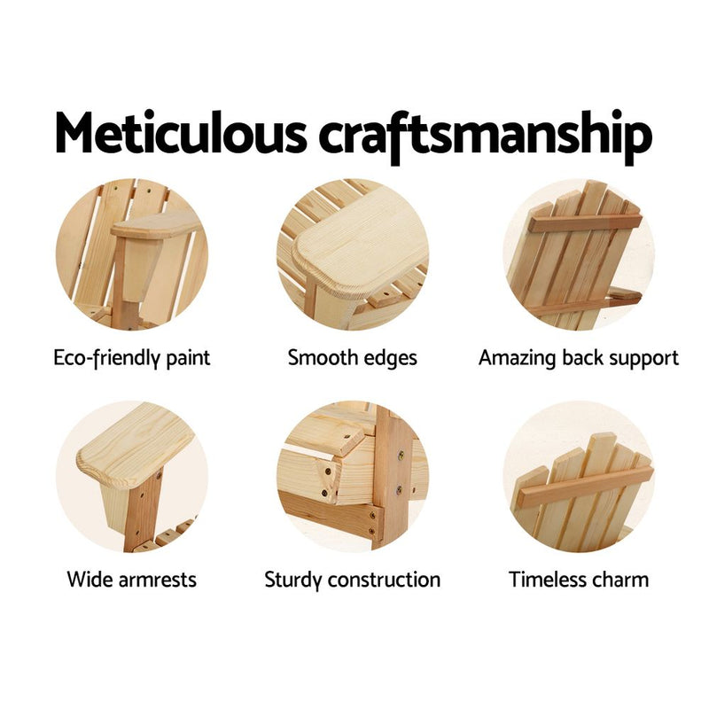 Craftsmanship details of Adirondack Outdoor Chairs Wooden Beach Chair Patio Furniture Garden Natural showing smooth edges and sturdy construction