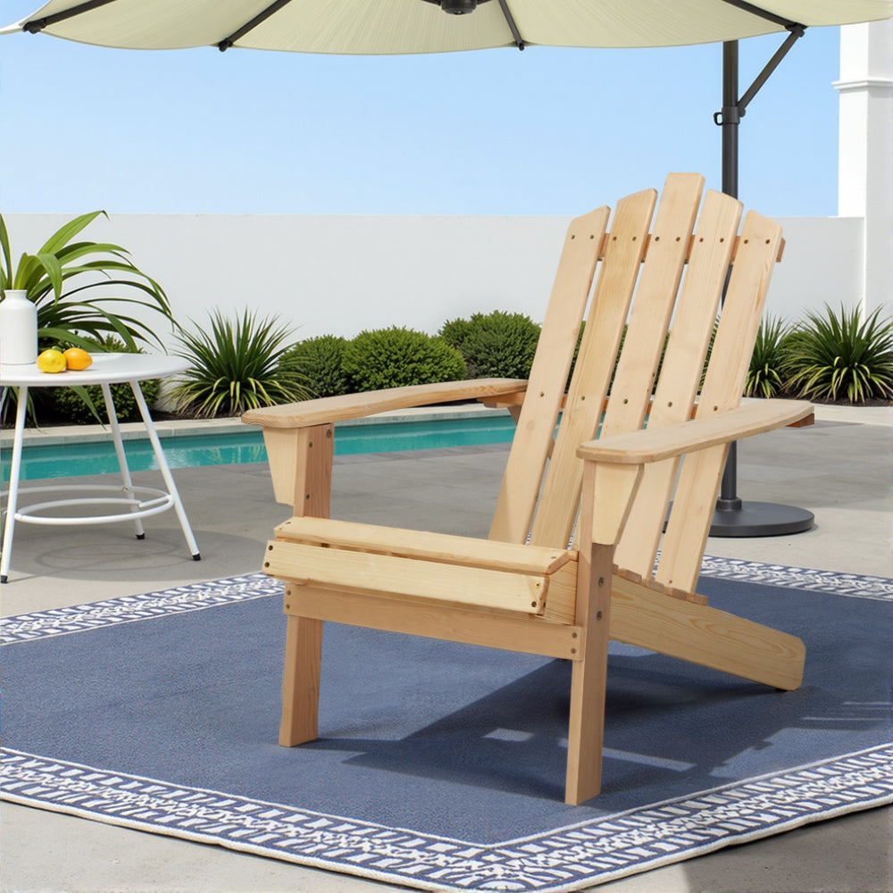 Adirondack Outdoor Chairs Wooden Beach Chair Patio Furniture Garden Natural shown on blue outdoor rug near pool and table with umbrella