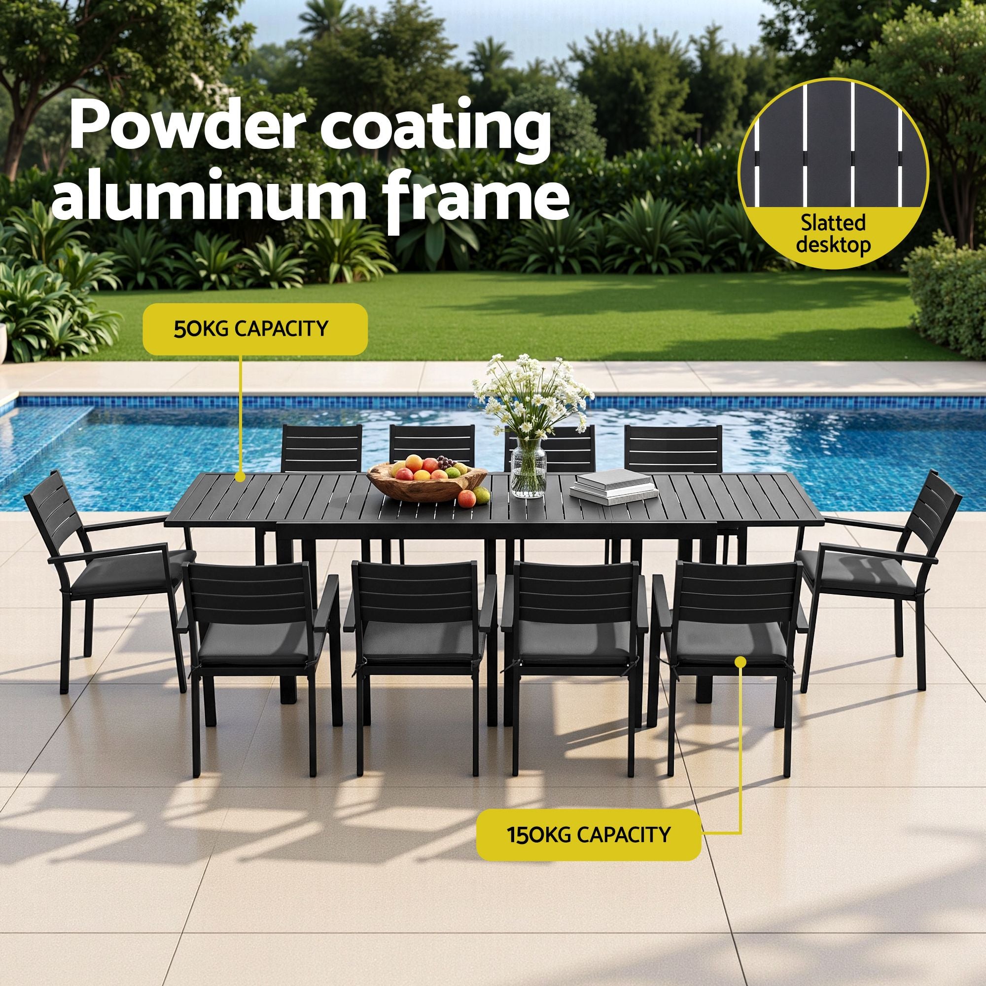 Outdoor Dining Set 11PCS Aluminum Extendable Table and Chairs Patio Furniture Black