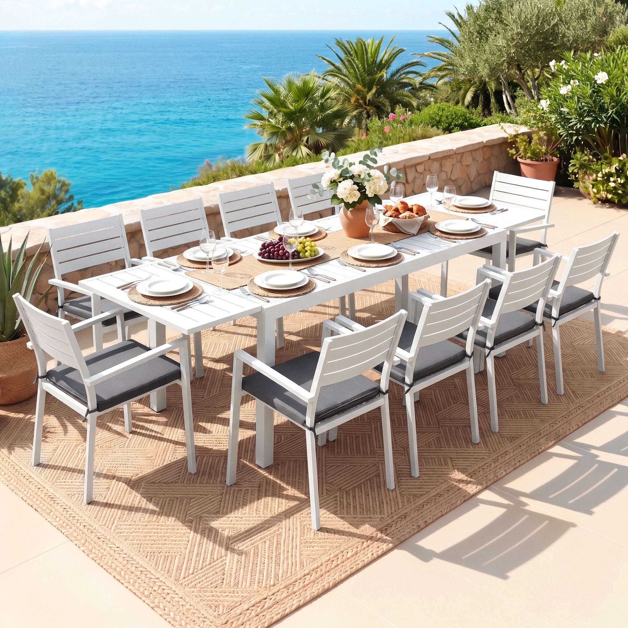Outdoor Dining Set 11PCS Aluminum Extendable Table and Chairs Patio Furniture White