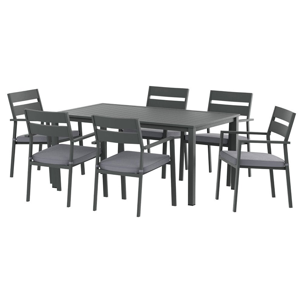 Outdoor Dining Set 7 Piece Aluminum Table Chairs Setting Black with six cushioned chairs and rectangular table in matte finish