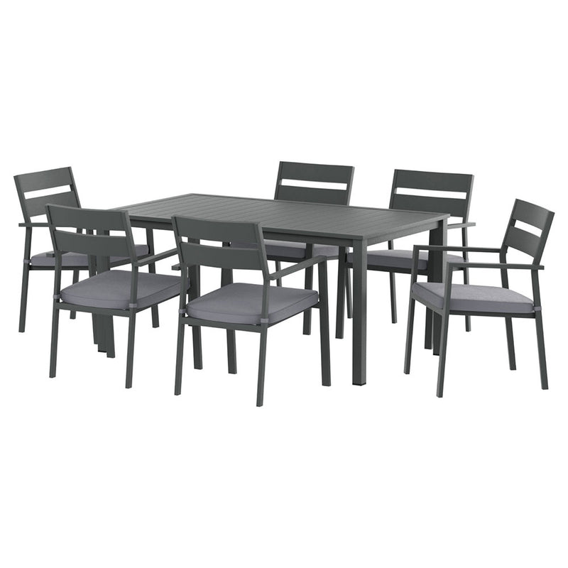 Outdoor Dining Set 7 Piece Aluminum Table Chairs Setting Black with six cushioned chairs and rectangular table in matte finish