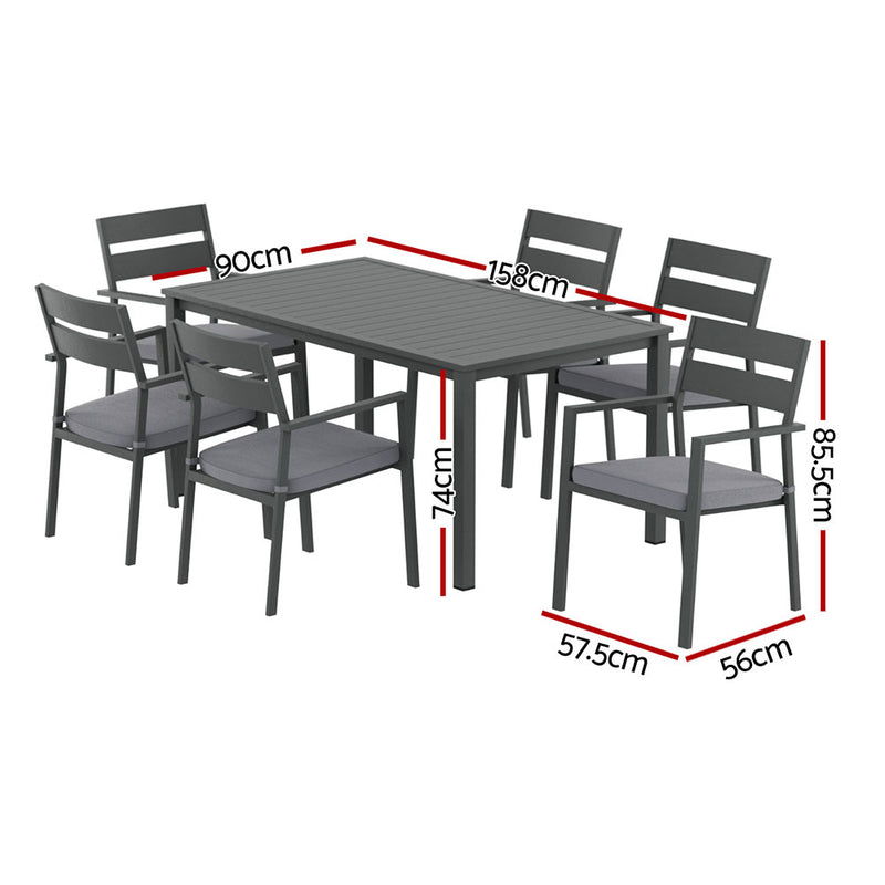 Outdoor Dining Set 7 Piece Aluminum Table Chairs Setting Black with six chairs and rectangular table showing dimensions