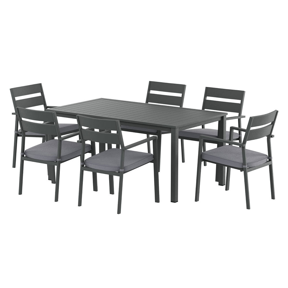 Outdoor Dining Set 7 Piece Aluminum Table Chairs Setting Black with six cushioned chairs and rectangular slatted table