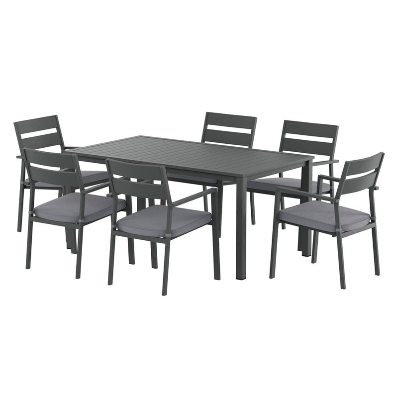 Outdoor Dining Set 7 Piece Aluminum Table Chairs Setting Black with six cushioned chairs and rectangular slatted table