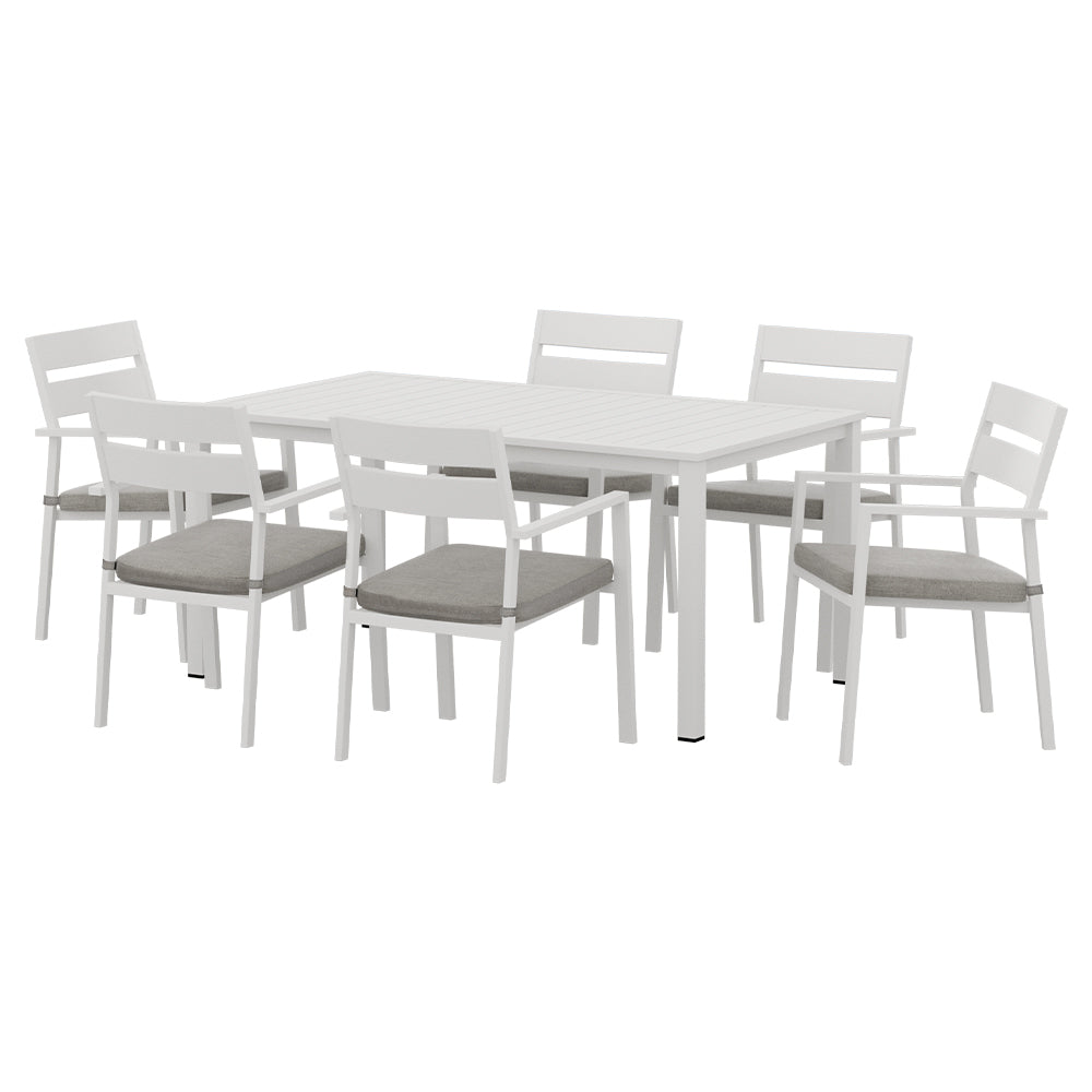 7 Piece Aluminium Outdoor Dining Set White With Grey Cushions featuring six chairs with grey cushions around a white table on white background
