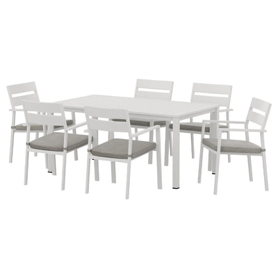 7 Piece Aluminium Outdoor Dining Set White With Grey Cushions featuring six chairs with grey cushions around a white table on white background