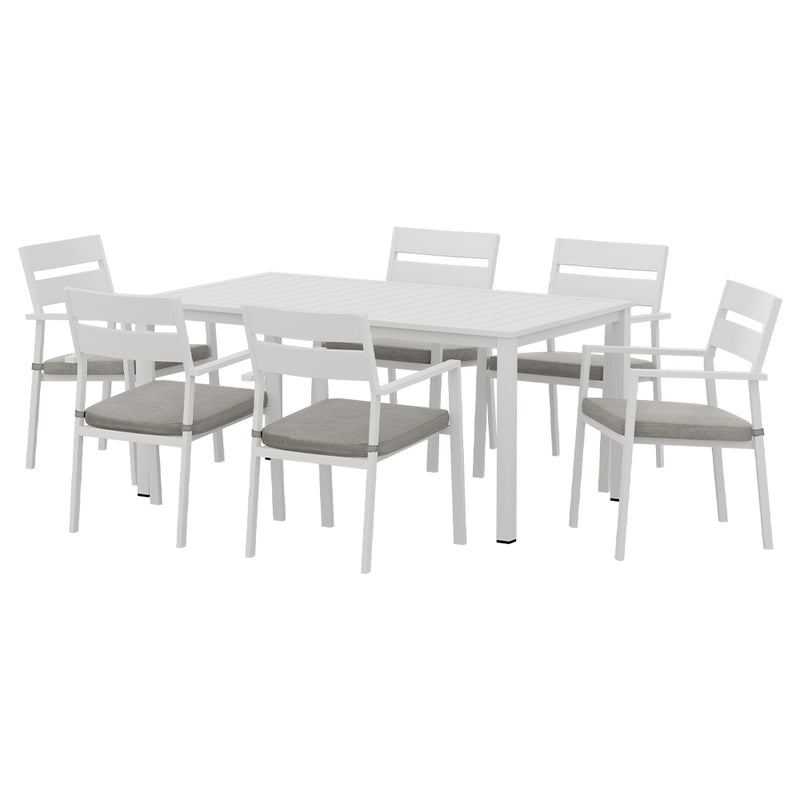 7 Piece Aluminium Outdoor Dining Set White With Grey Cushions featuring six chairs with grey cushions around a white table on white background