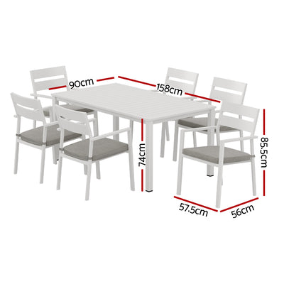 7 Piece Aluminium Outdoor Dining Set White With Grey Cushions showing table and six chairs with dimensions on white background