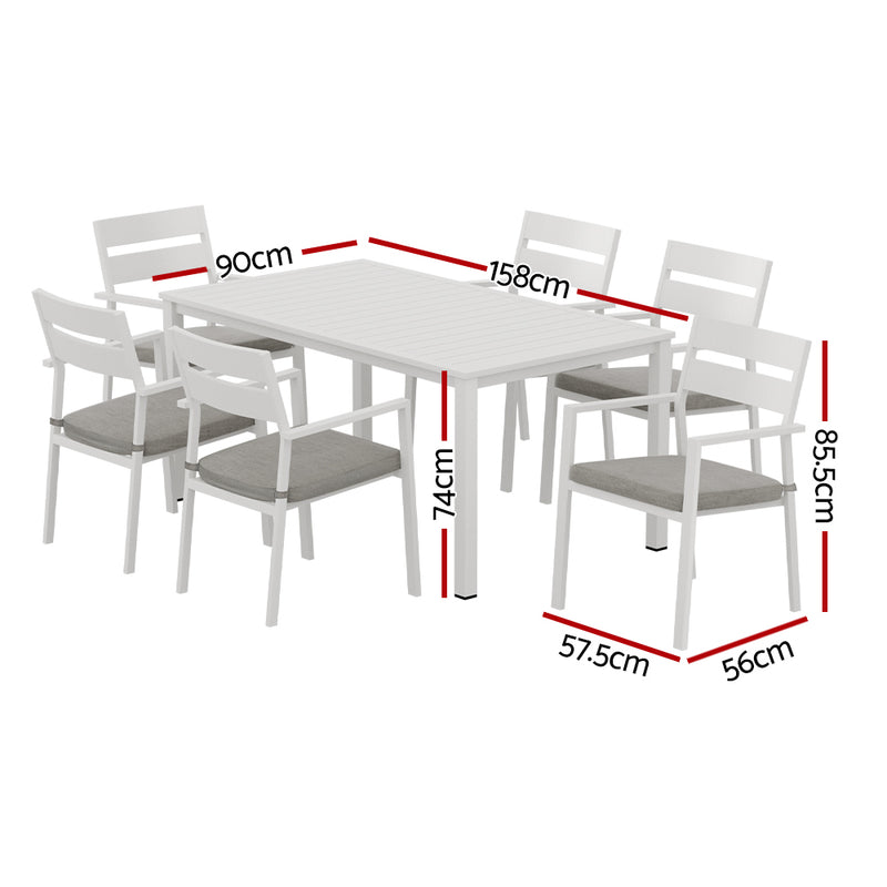 7 Piece Aluminium Outdoor Dining Set White With Grey Cushions showing table and six chairs with dimensions on white background