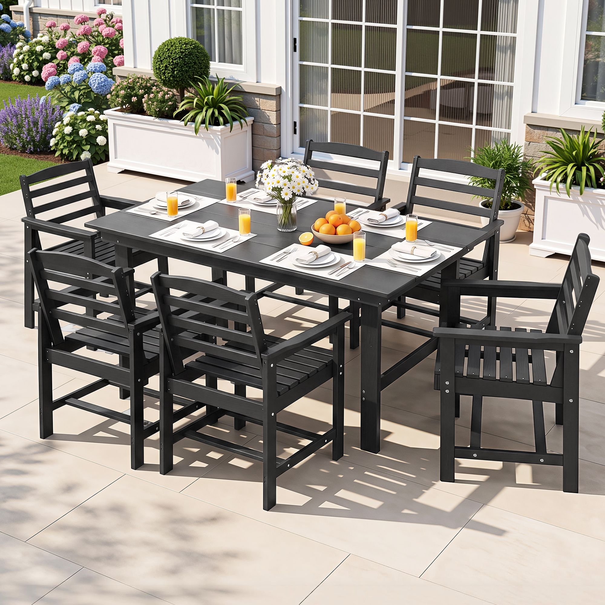 7 Piece Outdoor Patio Dining Set with HDPE Table and Chairs - Black