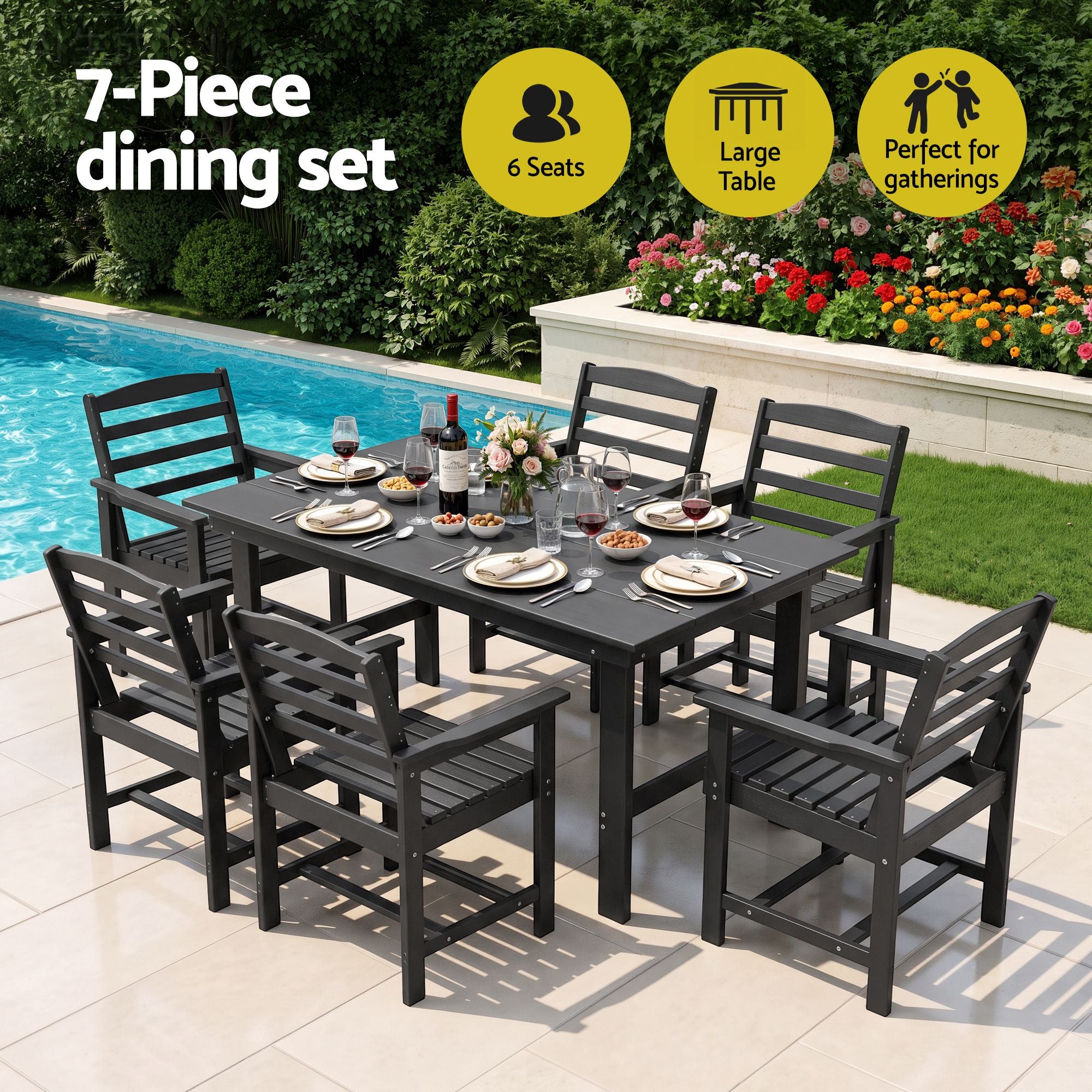 7 Piece Outdoor Patio Dining Set with HDPE Table and Chairs - Black