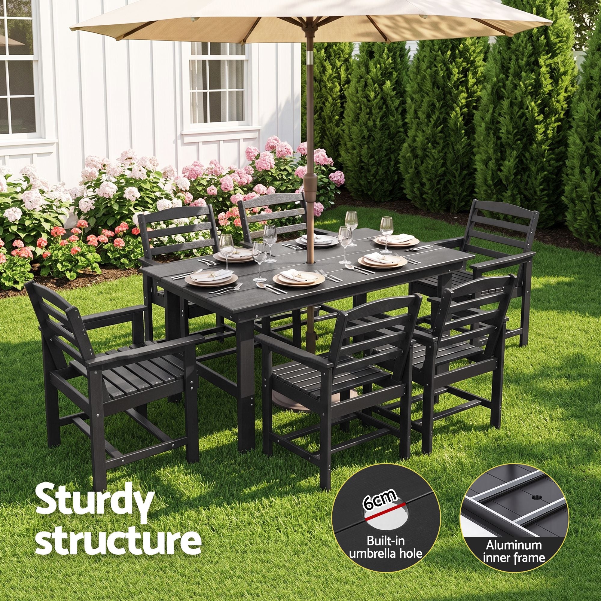 7 Piece Outdoor Patio Dining Set with HDPE Table and Chairs - Black