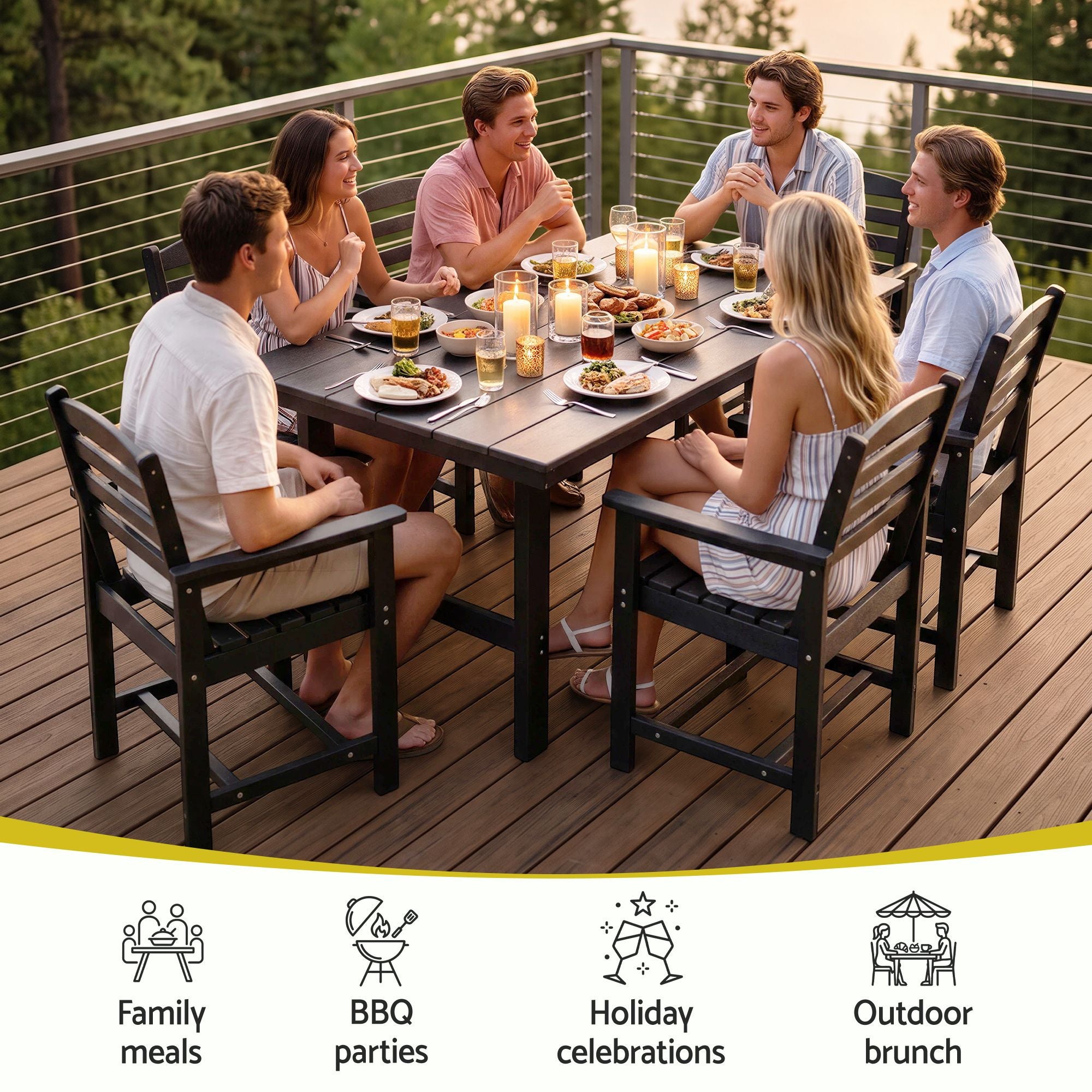 7 Piece Outdoor Patio Dining Set with HDPE Table and Chairs - Black