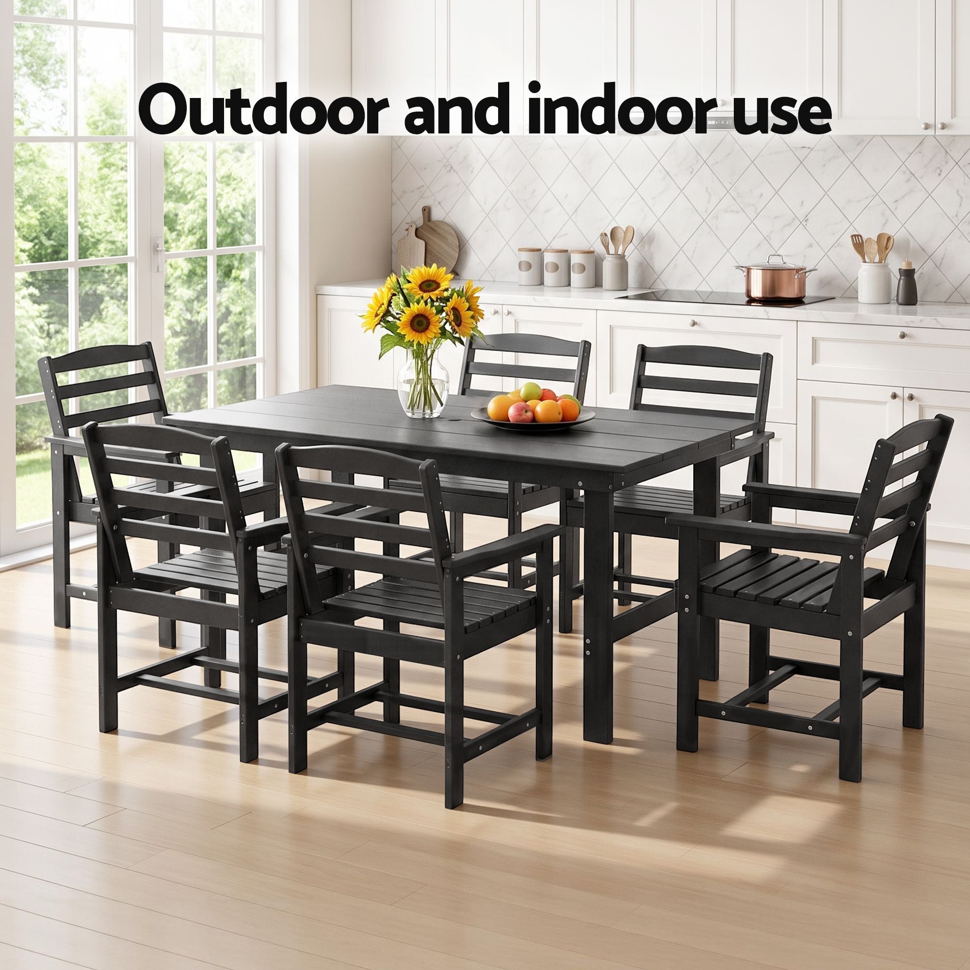 7 Piece Outdoor Patio Dining Set with HDPE Table and Chairs - Black