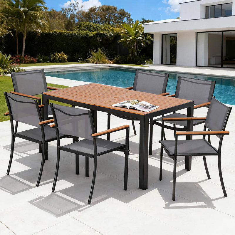7PCS Outdoor Dining Set Table and Chairs Patio Garden Furniture Bistro Set with metal frame and wood-effect tabletop by poolside