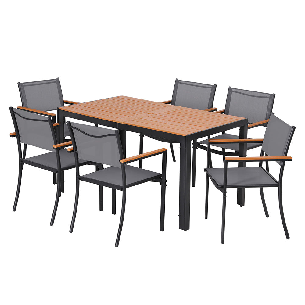 7PCS Outdoor Dining Set Table and Chairs Patio Garden Furniture Bistro Set with black metal frame and wood-style tabletop