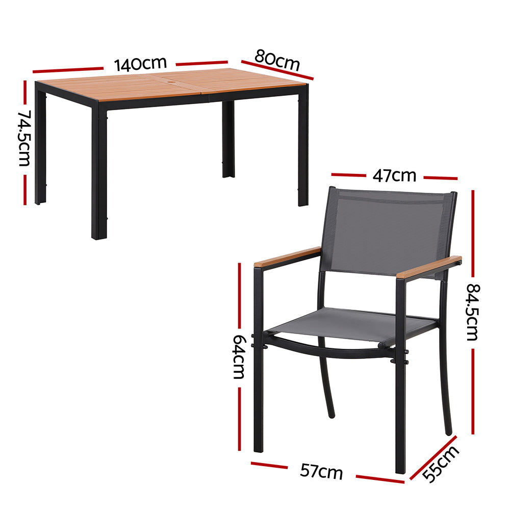 7PCS Outdoor Dining Set Table and Chairs Patio Garden Furniture Bistro Set with steel frame and WPC tabletop shown with dimensions