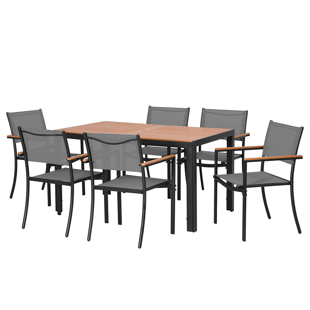 7PCS Outdoor Dining Set Table and Chairs Patio Garden Furniture Bistro Set with black metal frame and wood-look tabletop