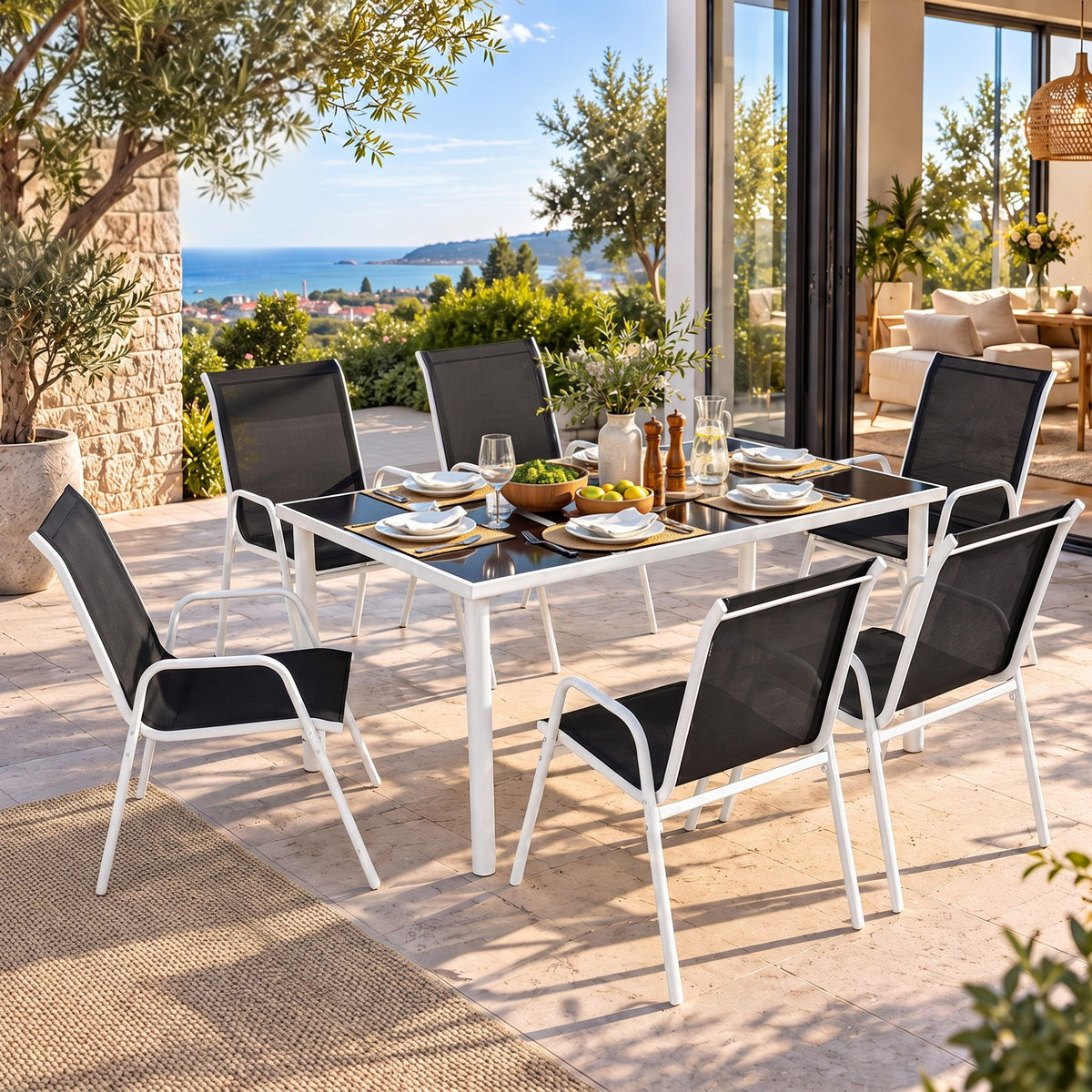 7 Piece Outdoor Dining Set with Steel Table & Textilene Chairs - Black