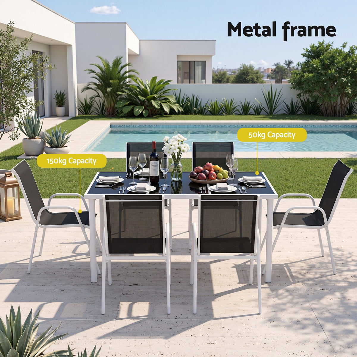 7 Piece Outdoor Dining Set with Steel Table & Textilene Chairs - Black