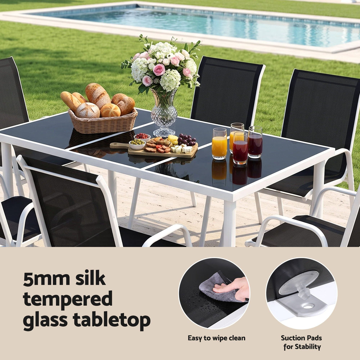 7 Piece Outdoor Dining Set with Steel Table & Textilene Chairs - Black